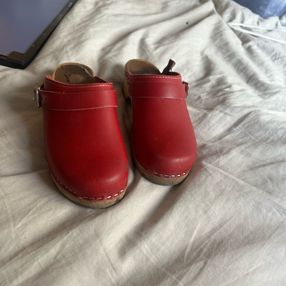 Swedish Hasbeens Red Leather Mules